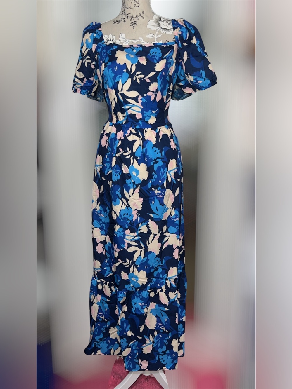 Blue Floral Square-Neck Puff Sleeve Maxi Dress - Picture 2 of 3